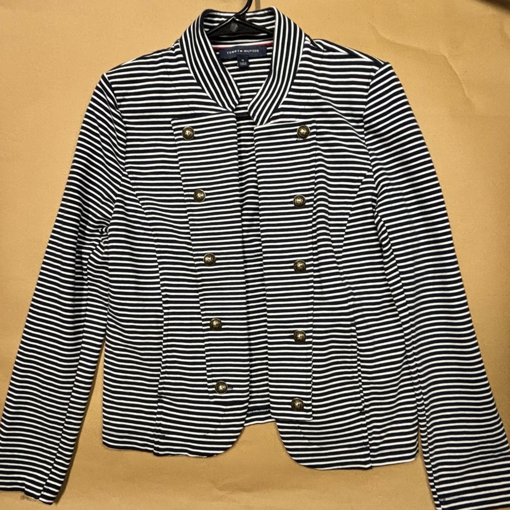 Tommy Hilfiger Black and White Striped Jacket Blazer Womens Sz M